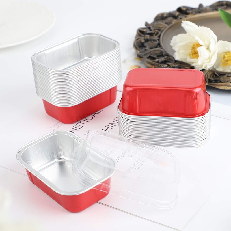 EUSOAR Cupcake Cups with Lids, 5.7oz 50pcs Disposable Desserts Flan, Baking Cups with Lids, Aluminum Foil Desserts Cupcake Flan, Catering Gathering Shower Favor-Red