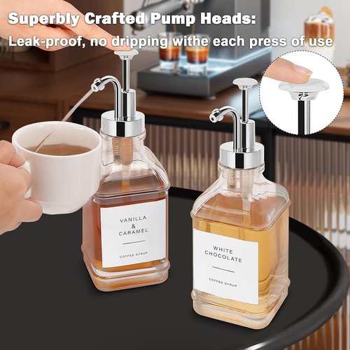 Coffee Syrup Dispenser Set by [Brand Name] - Clear Glass Bottles with Pump for Coffee Bar | 500ml, Chrome Finish