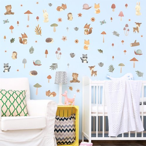 Kazova Woodland Animals Wall Stickers 93 Pcs 3 Sheets Cute Mushroom Forest Decals Peel and Stick for Kids Room Nursery Bedroom Playroom Decor