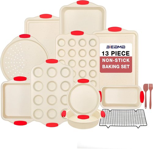 BIEAMA Nonstick Baking Pans Set - 13-Piece BPA-Free Carbon Steel Bakeware in Cream Color