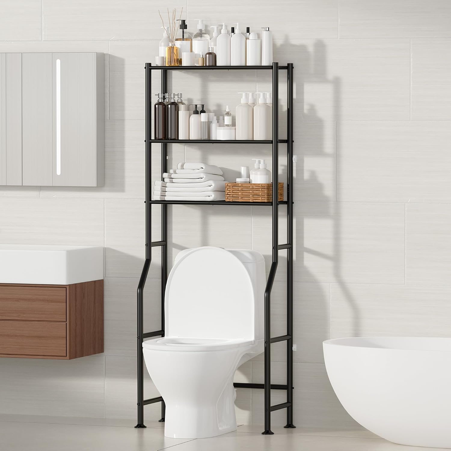 Skiennix 3-Tier Over The Toilet Storage | Freestanding Metal Bathroom Shelves - Space Saver (Black)
