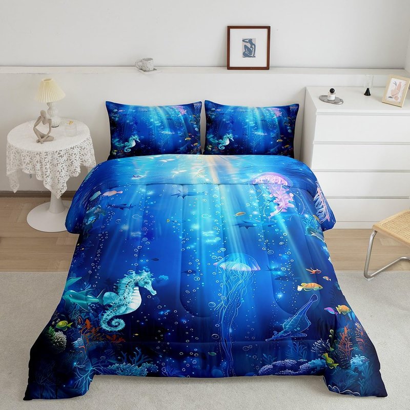 Feelyou Seahorse Comforter Set Twin Size Kids Marine Animals Comforter for Boys Girls Teens Jellyfish Bedding Set Underwater Animal Duvet Set Marine Life Sealife Quilt