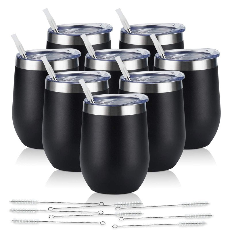 8 Pack 12Oz Stainless Steel Wine Tumblers, Insulated Wine Tumbler, Double Wall Insulated Wine Glass, Stainless Steel Stemless Wine Cups with Lids for Coffee, Wine, Cocktails, Champaign, Black