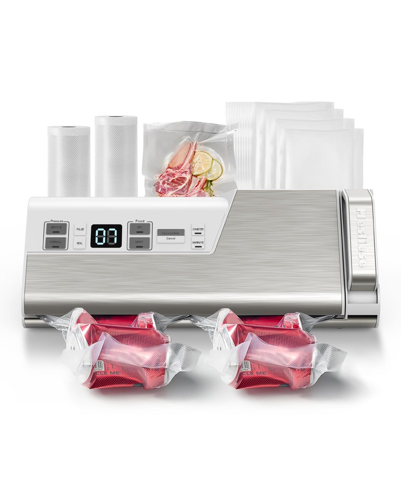 Mesliese Vacuum Sealer Machine, 95kPa 140W Double Seal Powerful Food Sealer, One Hand Operation Food Storage with Build-in Cutter & Roll Storage, ETL Tested (White)