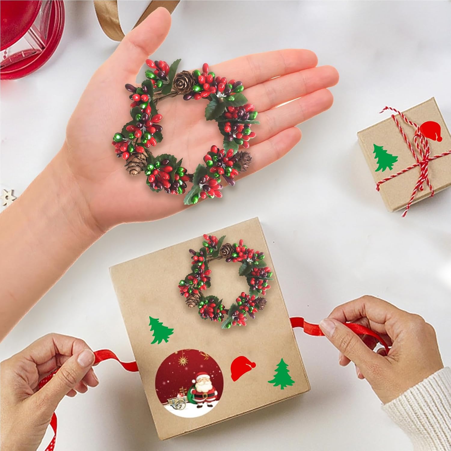 Skiennix Mini Christmas Candle Rings - Red Berry Pinecone Wreaths for Tea Lights | Perfect for Home Decor