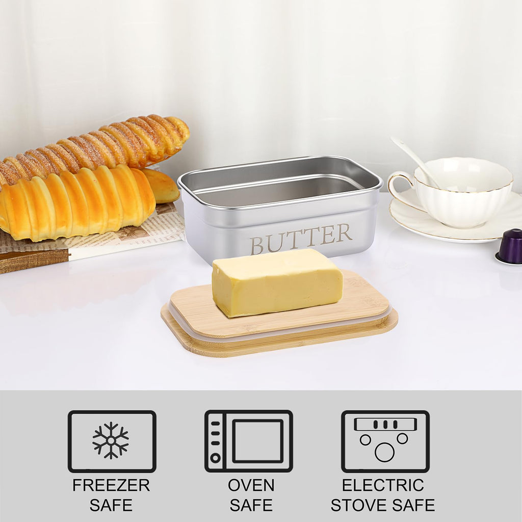 BSTKEY Butter Dish with Lid for Countertop, Stainless Steel Butter Holder Container with Silicone Sealing, Butter Keeper for Kitchen, Holds 1 Stick West or 2 Sticks East Coast Butter