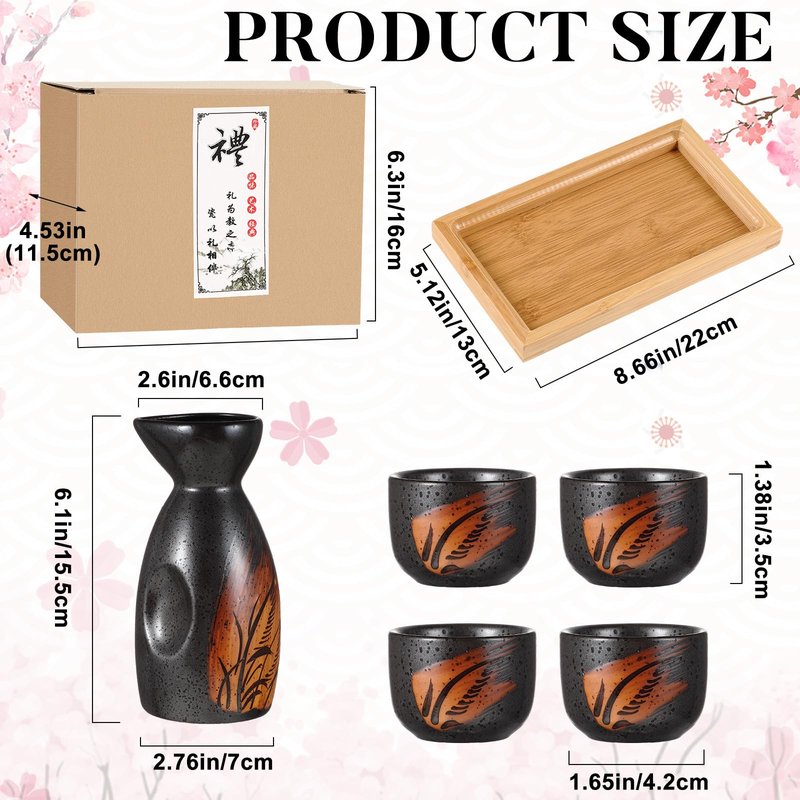 Skyley Japanese Sake Set with Tray Traditional Saki Cups Set Korean Soju Glass Ceramic Japanese Gifts for Cold Wine Holiday Christmas Gifts(Red,Plum Blossom)
