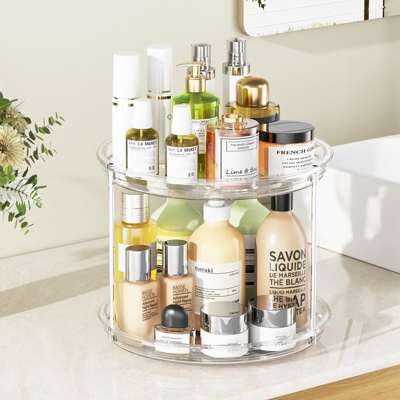 LazySpin 2 Pack 2 Tier Lazy Susan Organizer, 9.25'' Lazy Susan Turntable for Cabinet, Stackable Turntable Organizer Rotating Spice Rack Organization for Kitchen Countertop, Pantry, Bathroom, Clear