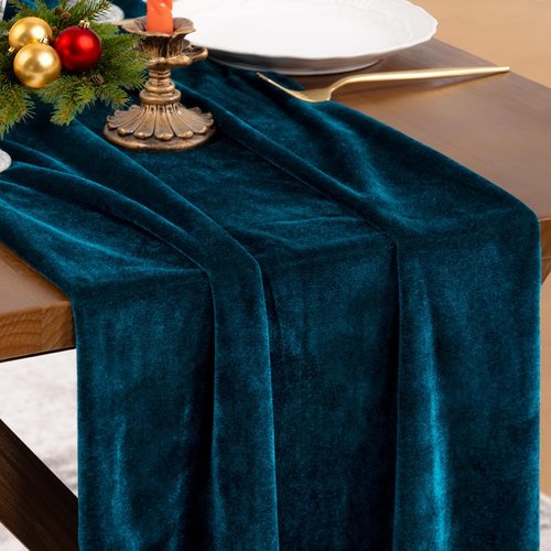 Socomi 2pcs Peacock Velvet Valentine's Day Table Runner Cloth Decor 20 x 120 Inches 10ft Fabric Luxurious Thanksgiving Wedding Runner for New Year Bridal Shower