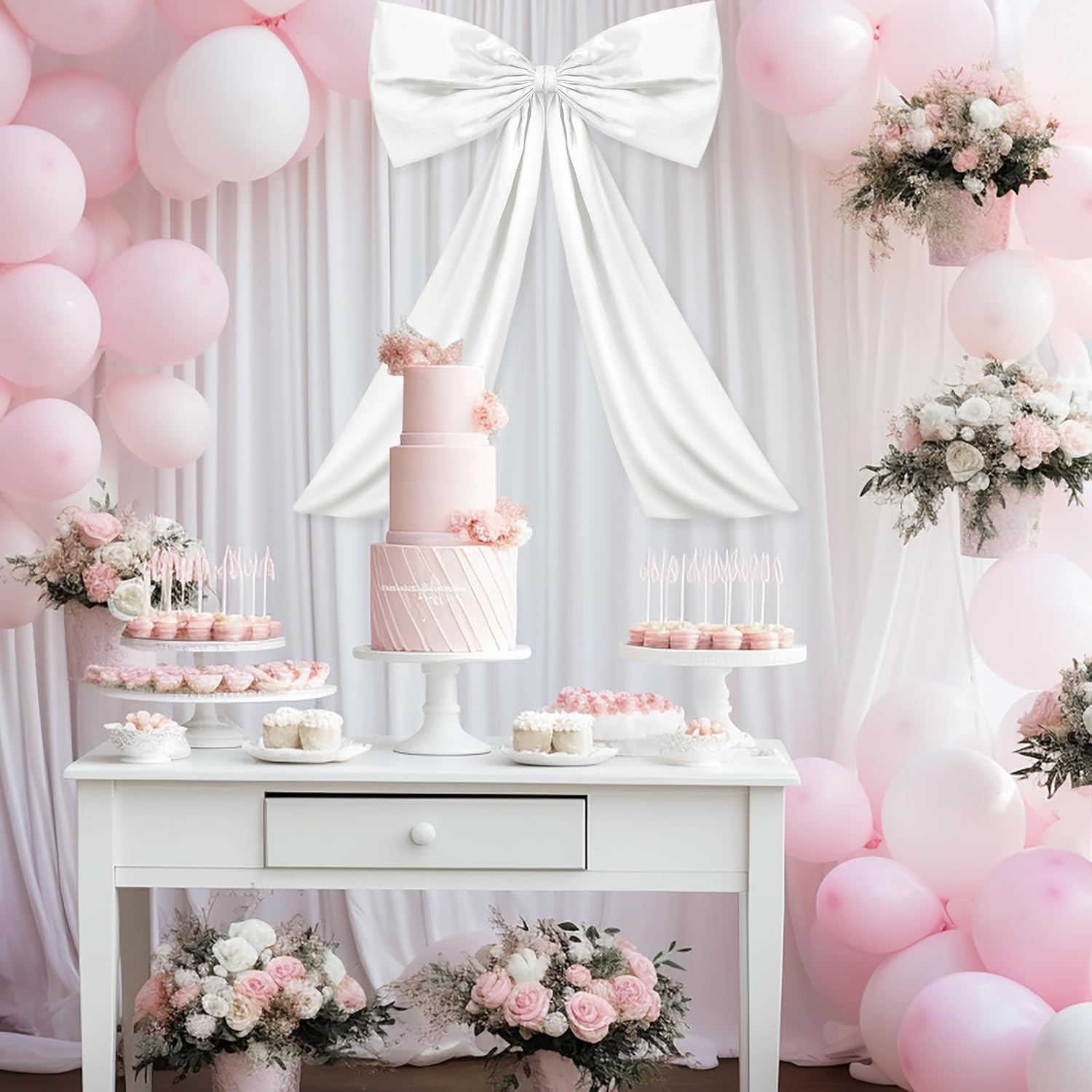 Wavwavw Large White Satin Bow Decor - Giant Birthday & Wedding Decoration | 24 x 36 Inches