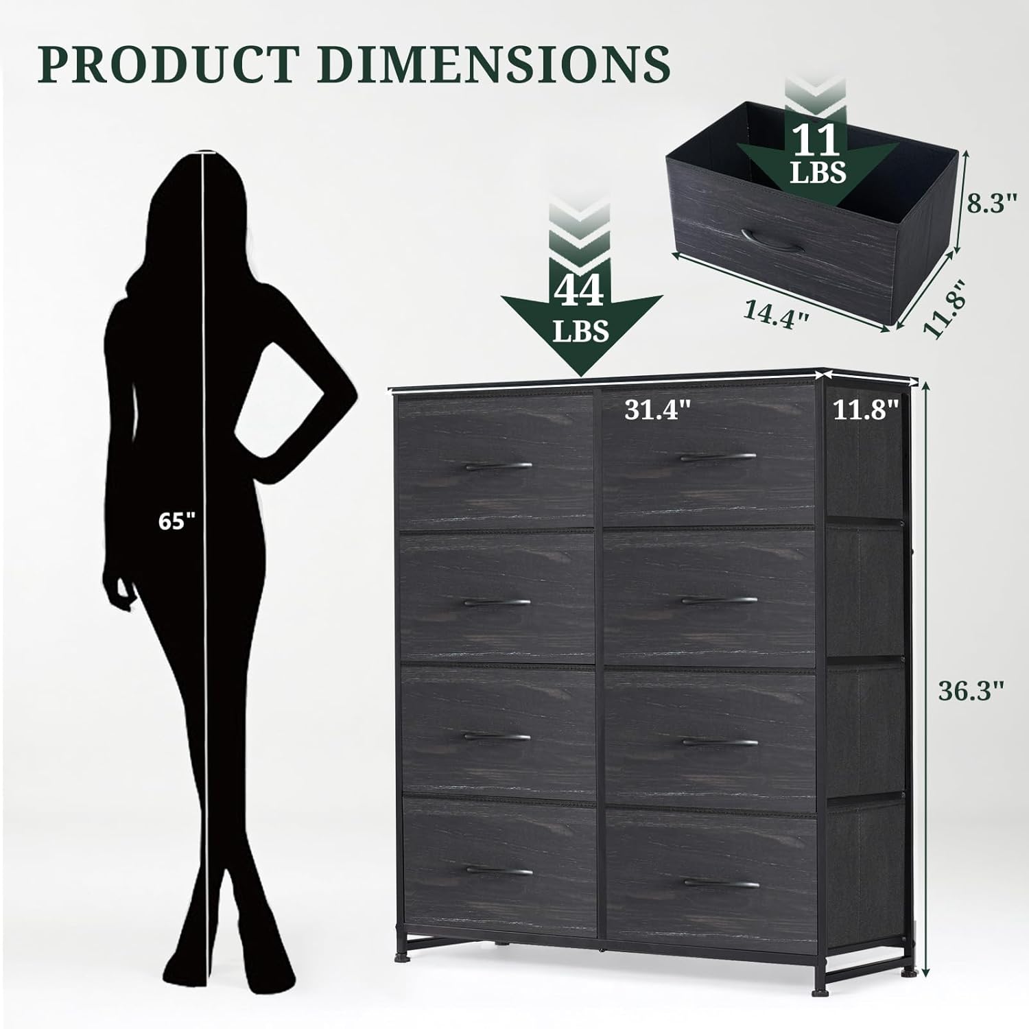 Skiennix 8-Drawer Dresser - Anti-Tip Tall Storage Organizer with Wooden Top & Metal Frame | Charcoal Black