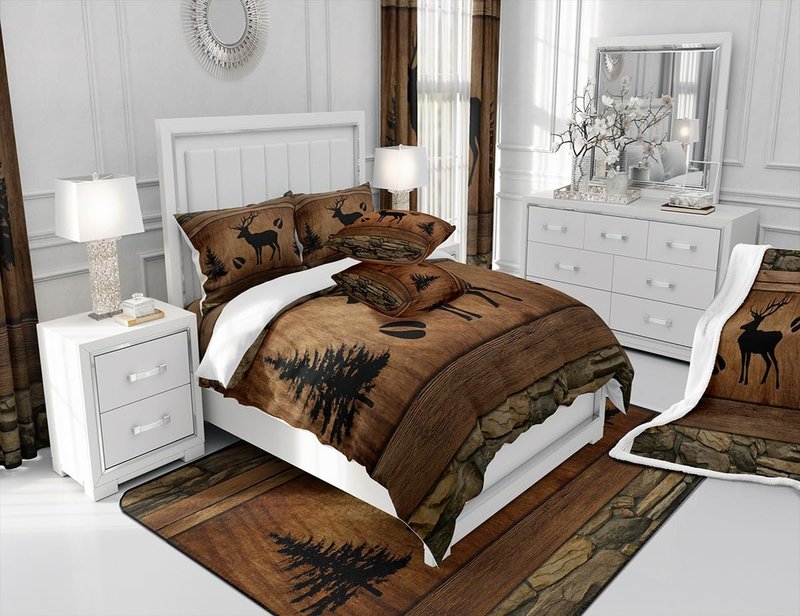 Manfei Rustic Deer Duvet Cover Set King Size, Black Trees Deer Paw Print Comforter Cover with 2 Pillowcases, Brwon Wooden Plank Bedding Set 3pcs for Kids Boys Wild Animal Bedspread Cover,No Comforter