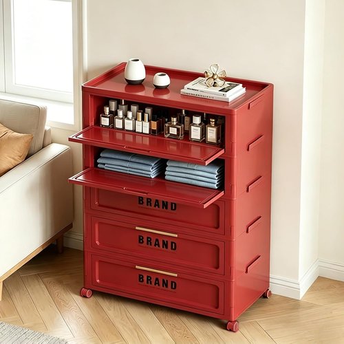 300QT Foldable Storage Cabinet - 5-Tier Organizer with Magnetic Door & Wheels | Space-Saving Unit in Red