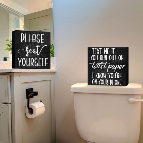 Jetec Farmhouse Bathroom Signs Decor - Funny Rustic Wooden Plaque Wall Art | Please Seat Yourself, Black