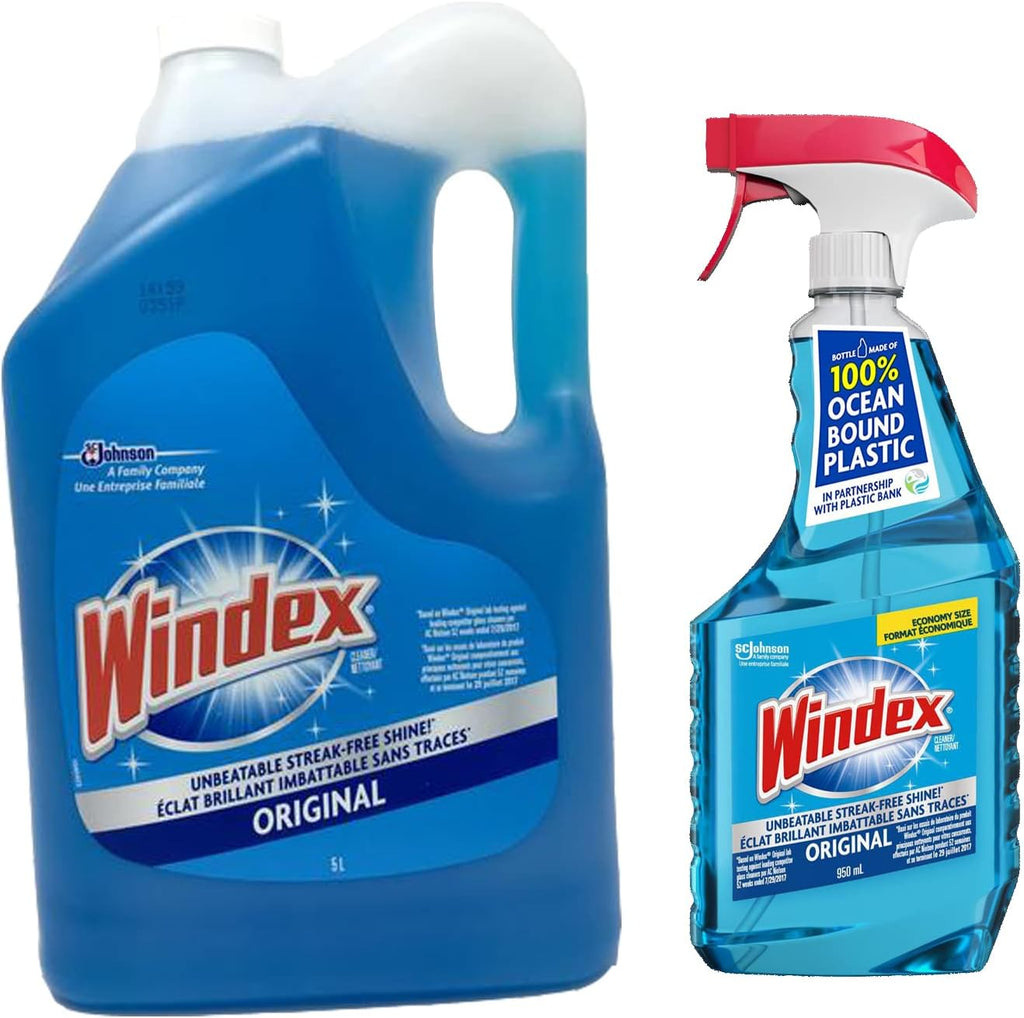 SC Johnson Windex Original Glass Cleaner Set - 5L Refill & 950ml Trigger Spray for Streak-Free Shine