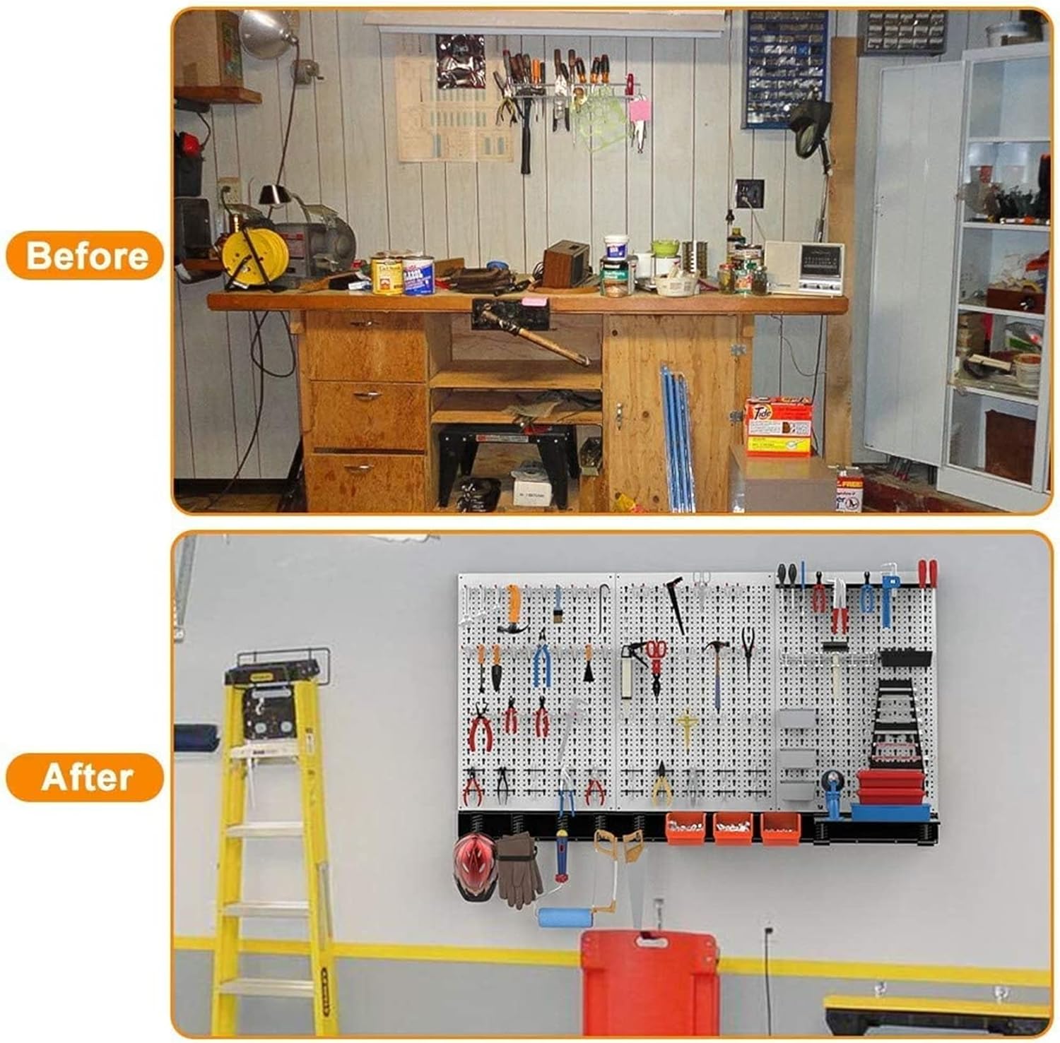 TORACK 109 PCS Pegboard Wall Organizer - 4 ft. Metal Tool Storage Kit with Hooks & Bins