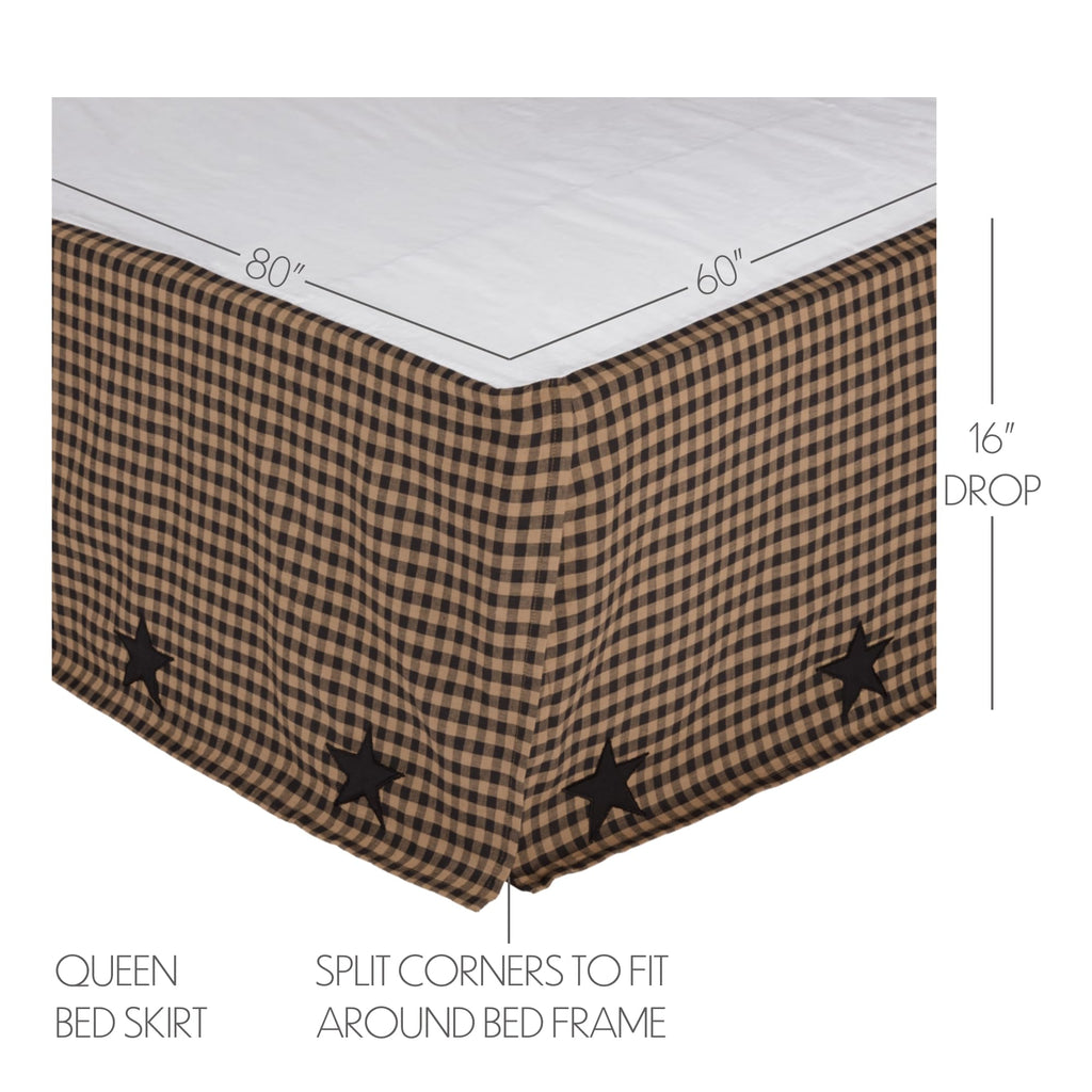 VHC Brands Check Star Cotton Primitive Split Corners Appliqued Queen Bed Skirt, Raven Black