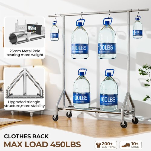 HYSEYY Heavy Duty Clothes Rack - 450 LBS Capacity Metal Garment Rack with Wheels & Shelves | Portable Silver Wardrobe