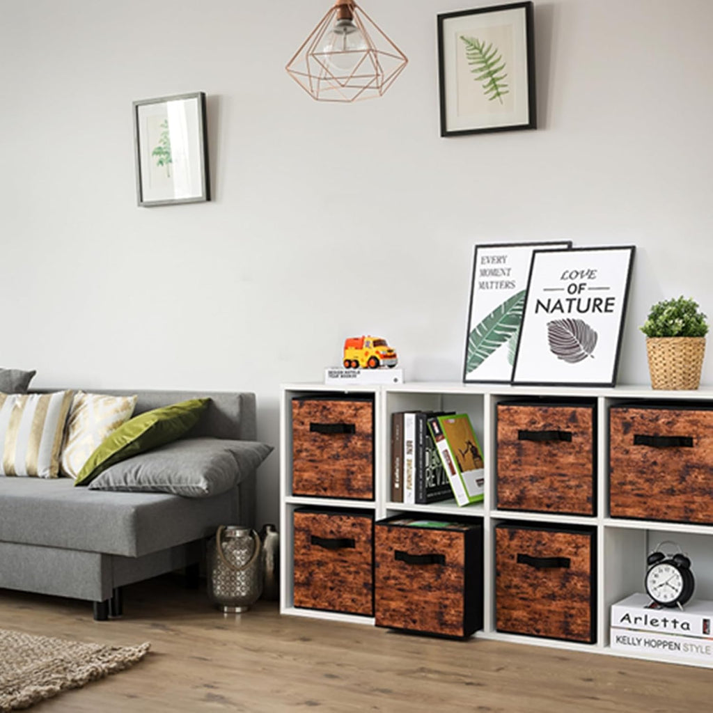 Stero Fabric Storage Cubes - 6 Pack Foldable Bins with Handles | 13-Inch Rustic Brown & Black Organizer