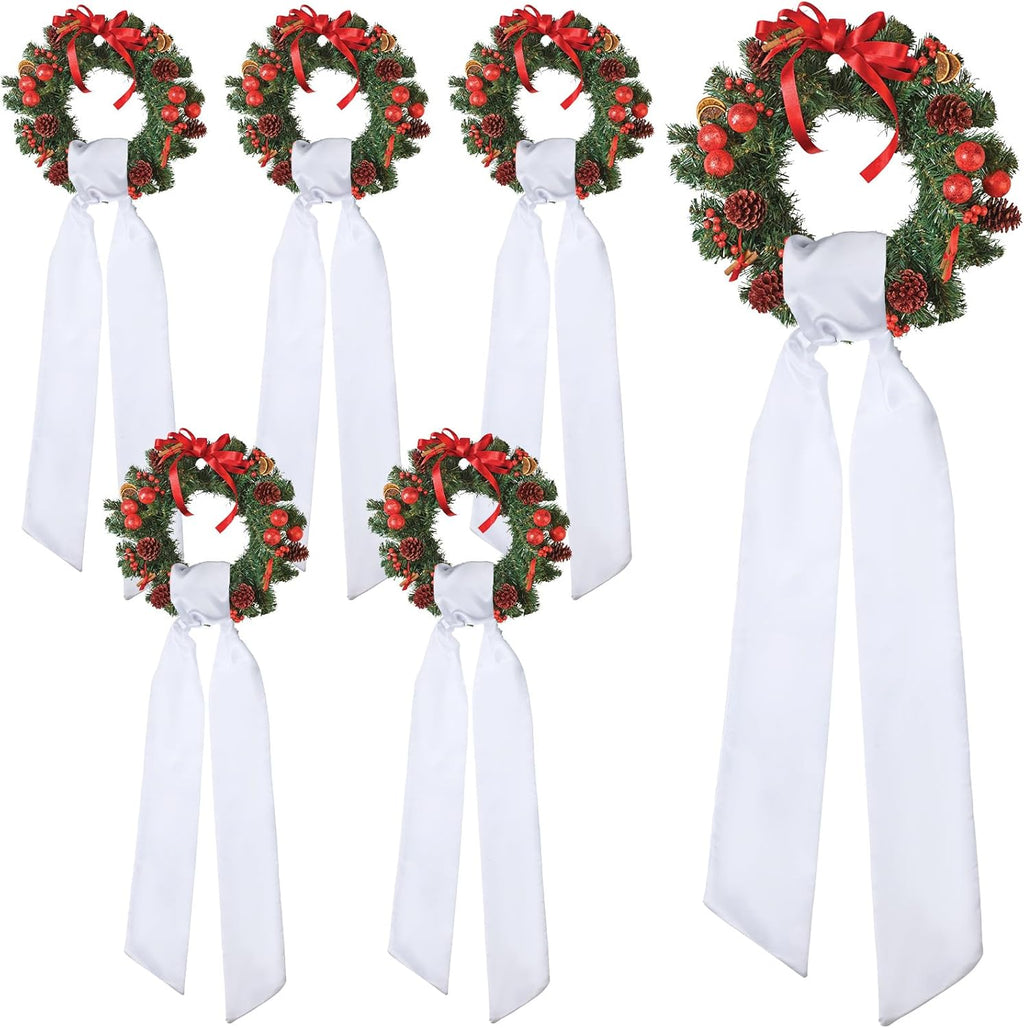 Skiennix 6Pcs White Wreath Sash - Blank Satin Sashes for Embroidery | 3.5" x 58" for Holiday Decor