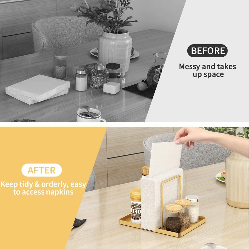 LSK Napkin Holder, Metal Napkin Holder for Table with Salt and Pepper Shakers Caddy, Napkin Storage Dispenser for Kitchen Dinner Table and Picnic Decors, Gold