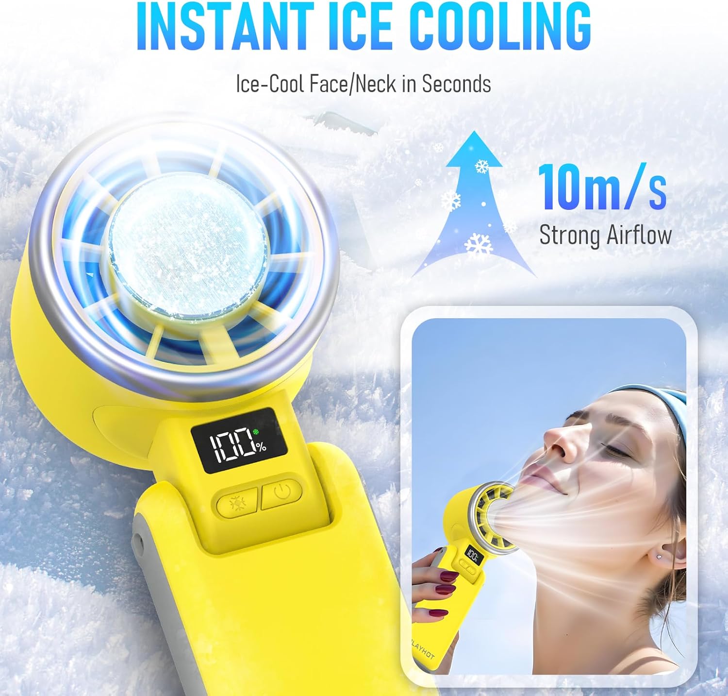 PlayHot Portable Handheld Turbo Fan - Rechargeable Ice Cooling Personal Fan | 12Hrs Battery Life, 5 Speed (Yellow)