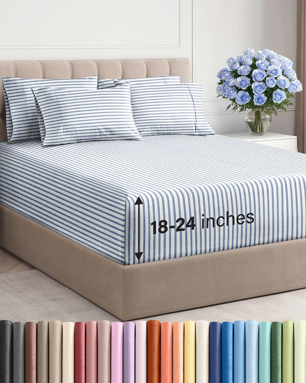 Skiennix Extra Deep Queen Sheet Set | 6-Piece Cooling Bedding - Soft, Wrinkle-Free Blue Stripes