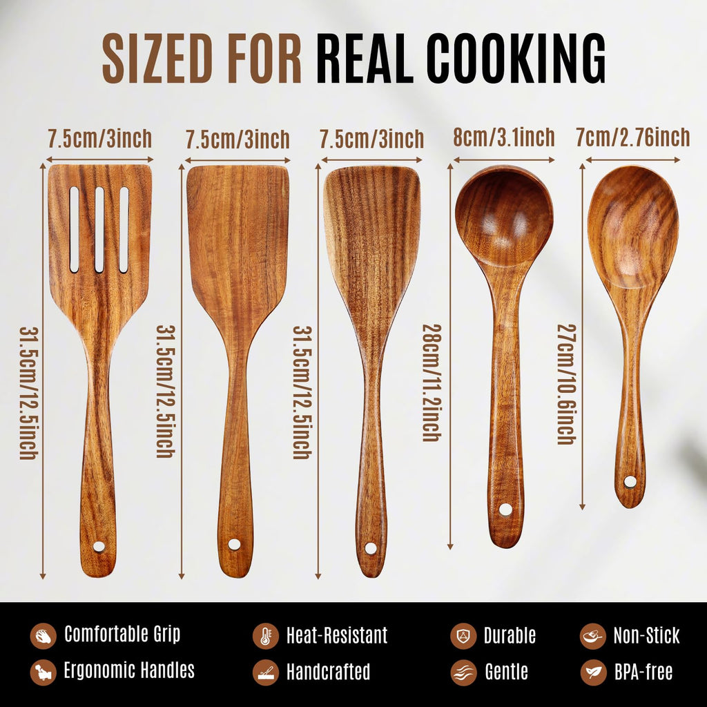 Wooden Spoons for Cooking, Excellent Wooden Kitchen Utensil Set (5pcs)