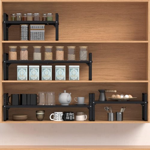 Expandable Cabinet Shelf Organizer Adjustable Metal Spice Rack Stackable Freestanding Counter Storage Shelves for Kitchen Cabinet Under Sink Office Desk (Black - 3Pack - L16.5-27'' * W8'' * H9.6'')