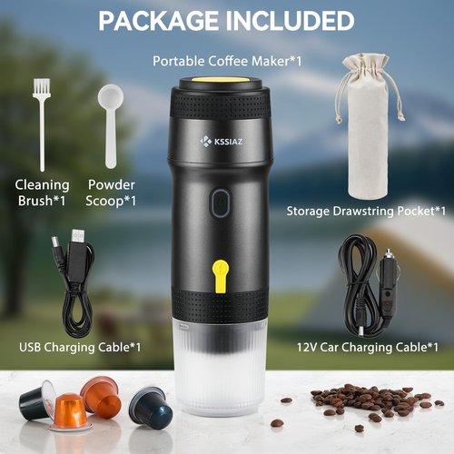 Kssiaz Portable Espresso Machines, Electric Espresso Maker with Self-Heating, USB-C & Car Charger, 20 Bar Mini Coffee Maker With NS Capsule & Ground Coffee for Camping, Hiking, Travel, Office, Blcak