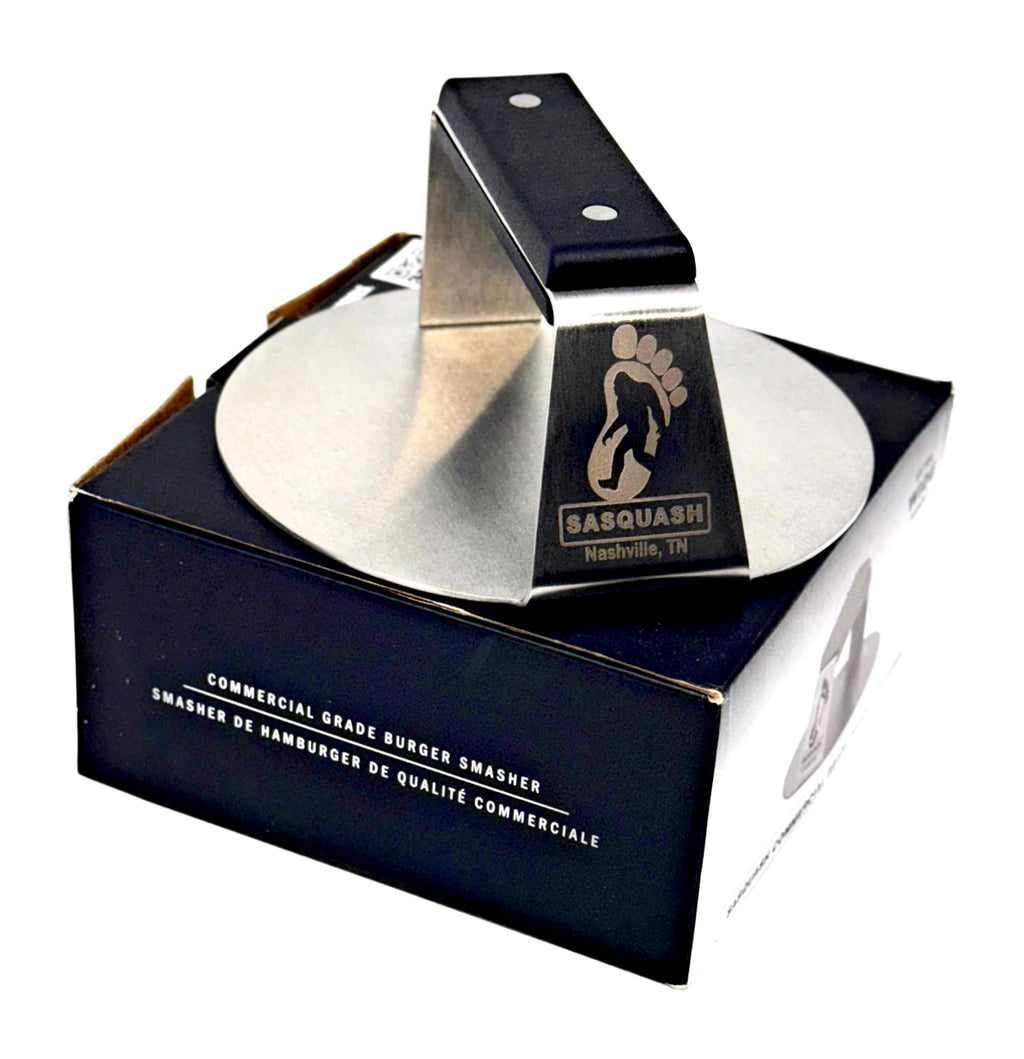 The Sasquash - 6" Heavy Duty Extra Wide Flat Handle Smashed Burger Press - Commercial Grade Welded Stainless Steel Burger Smasher (Indestructo Burger Press)