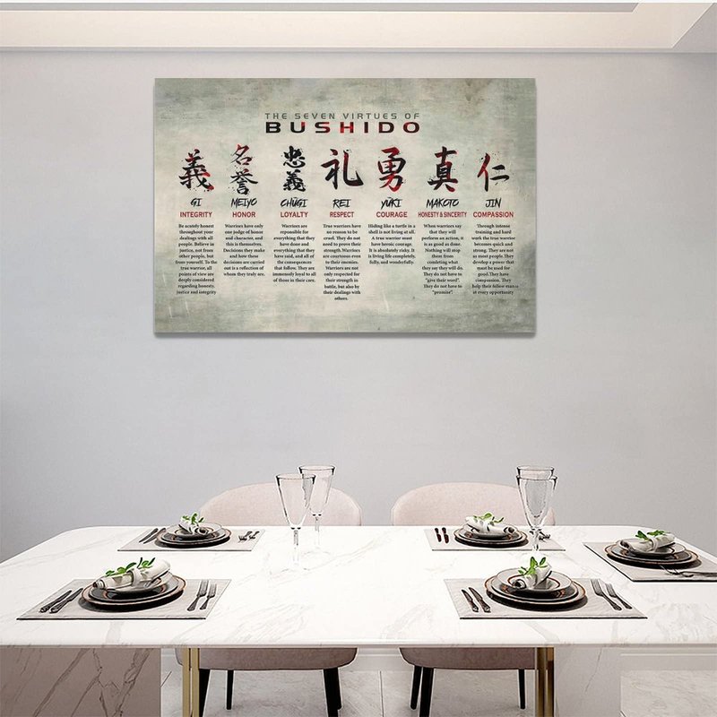 Japanese Samurai Wall Art 7 Virtues of Bushido Code Pictures Wall Decor Japanese Warrior Room Poster Canvas Prints Framed Modern Inspirational Painting Artwork for Bedroom Office Bathroom 24"x16"