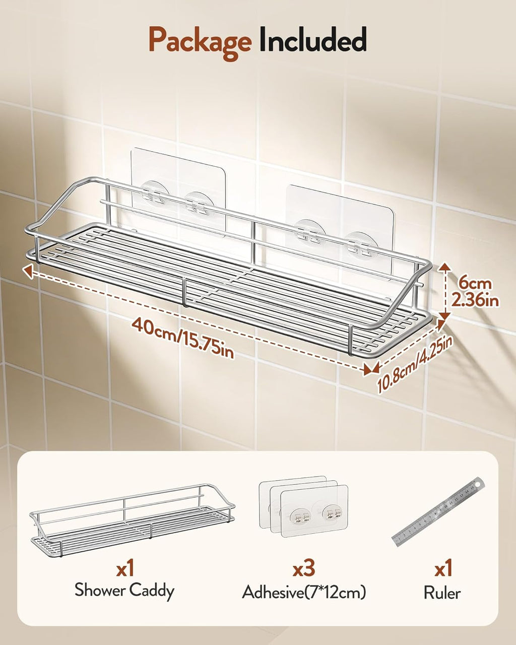 Orimade Bathroom Shelf Organizer - Traceless Adhesive Shower Caddy | No Drilling, SUS304 Stainless Steel, 15.75 Inch, Silver