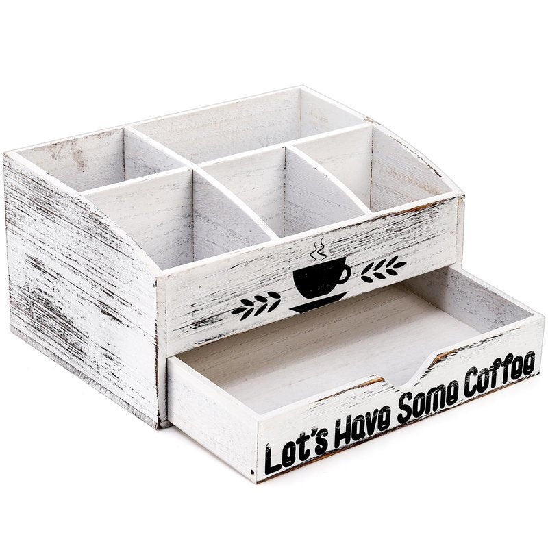 Nicunom Coffee Station Organizer for Countertop, Coffee Bar Accessories Organizer Rustic Wood K Cup Espresso Pod Holder, Coffee and Tea Condiment Storage Caddy for Cups, Coffee Pods, Sugar, Syrup