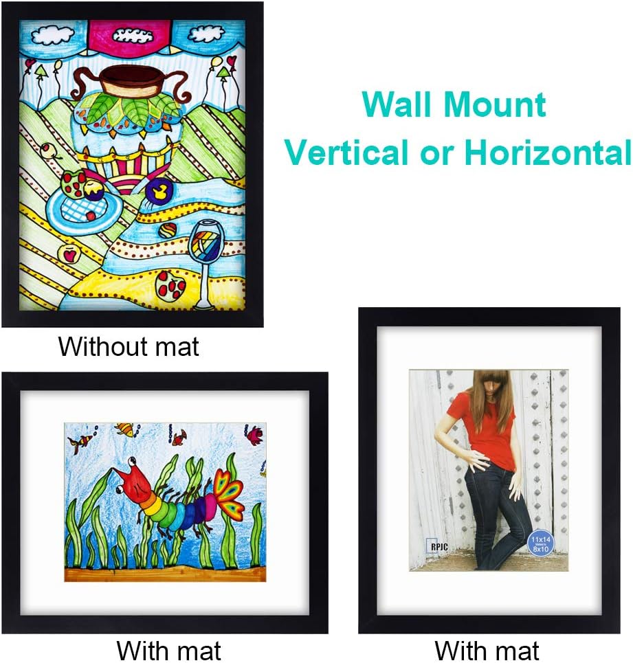 RPJC 11x14 Inch Picture Frame - Solid Wood & High Definition Glass for 8x10 or 11x14 Photos - Black