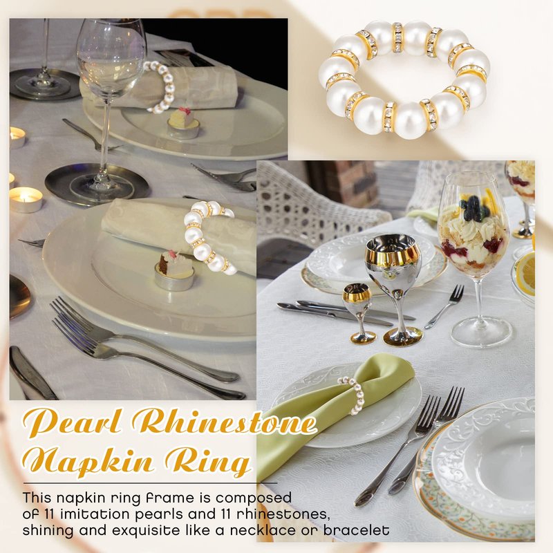 Tanlade 150 Pcs Wedding Pearl Napkin Rings Imitation Pearl Beaded Napkin Rings Holder Silver White and Gold Elastic Dinner Table Decor Rhinestone Serviette Rings for Table Party Decorations