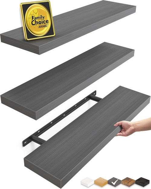BAYKA Floating Shelves - Rustic Grey Wall-Mounted Wood Shelves for Bathroom, Bedroom, Living Room | Set of 3 (22.5 Inches)