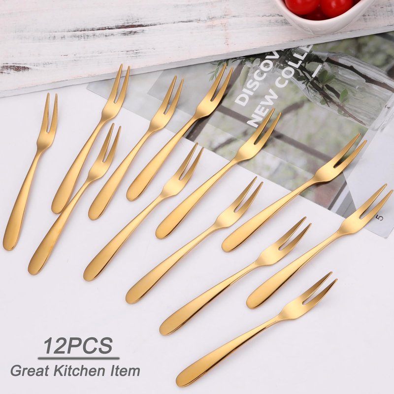 Mafier 12 Pcs Fruit Forks, SUS304 Stainless Steel Dessert Forks, 5.51 Inch Small Appetizer Forks Gold, Two-Prong Cocktail Forks for Cake, Pastry, Charcuterie Board, Tasting Forks, Dishwasher Safe