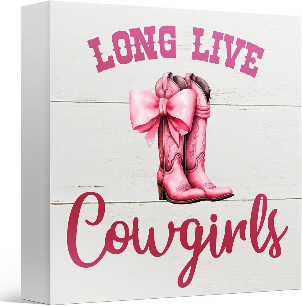 Regine Switzerland Pink Bow Western Cowgirl Decor Sign - Charming 5x5 Inch Wooden Box for Nurseries & Teen Rooms