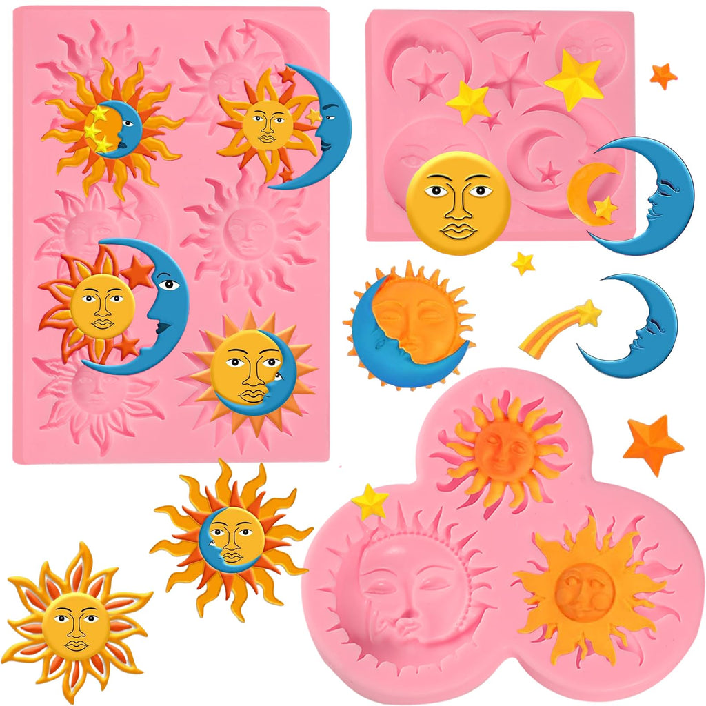 ICNYEKl Sun and Moon Face Cake Decoration Fondant Mold 3 Pcs, Greek Mythology Various Chocolate Silicone Molds, for Candy, Biscuits, Mousse, Kitchen Baking, Cupcake Toppers, Modeling Clay, Plaster