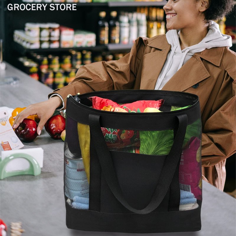 hsmyank 2Pack Mesh Tote Bag,Sandproof Beach Bags with Zipper &Double Pocket For Groceries,Poolside,Travel,Towels (Black)