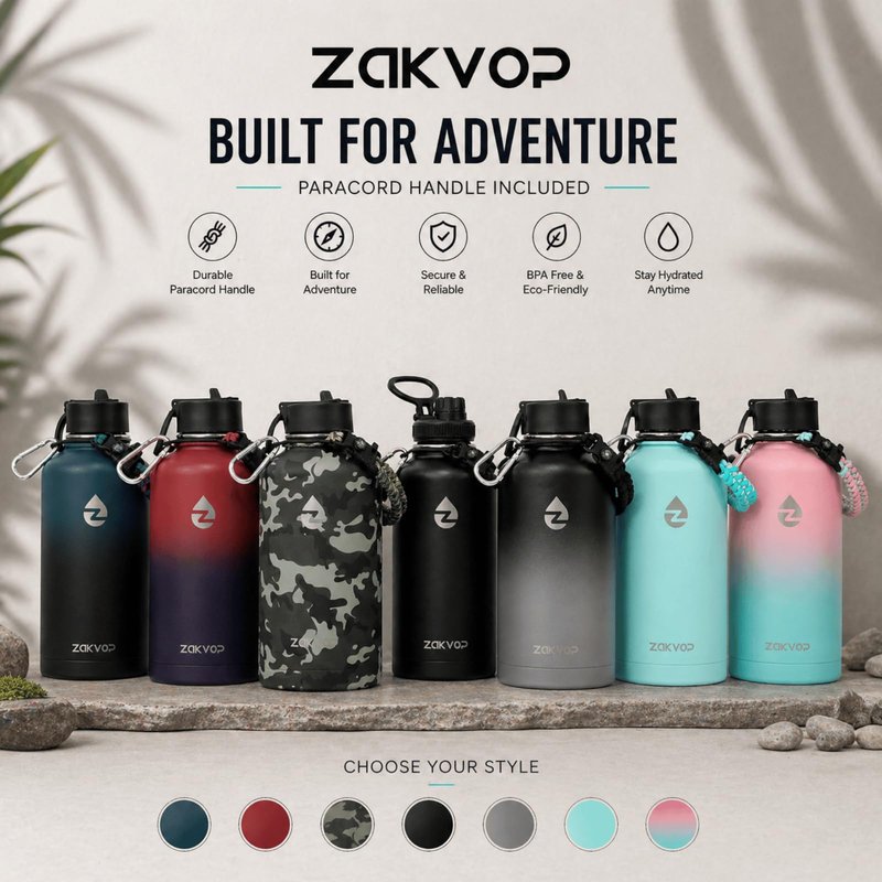 ZAKVOP 64 oz Insulated Water Bottle with Straws&3 Lids, ZAKVOP Half Gallon Water Bottle Stainless Steel Double Walled, Big Water Jug with Paracord Handle, Large Metal Water Bottle for Gym