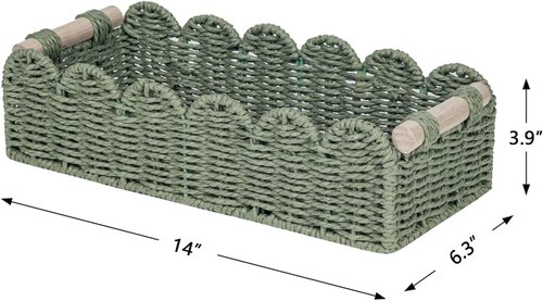 CubesLand Toilet Paper Storage Basket - Scalloped Edge Green Decor | Cozy Home Organization with 2 Wooden Handles