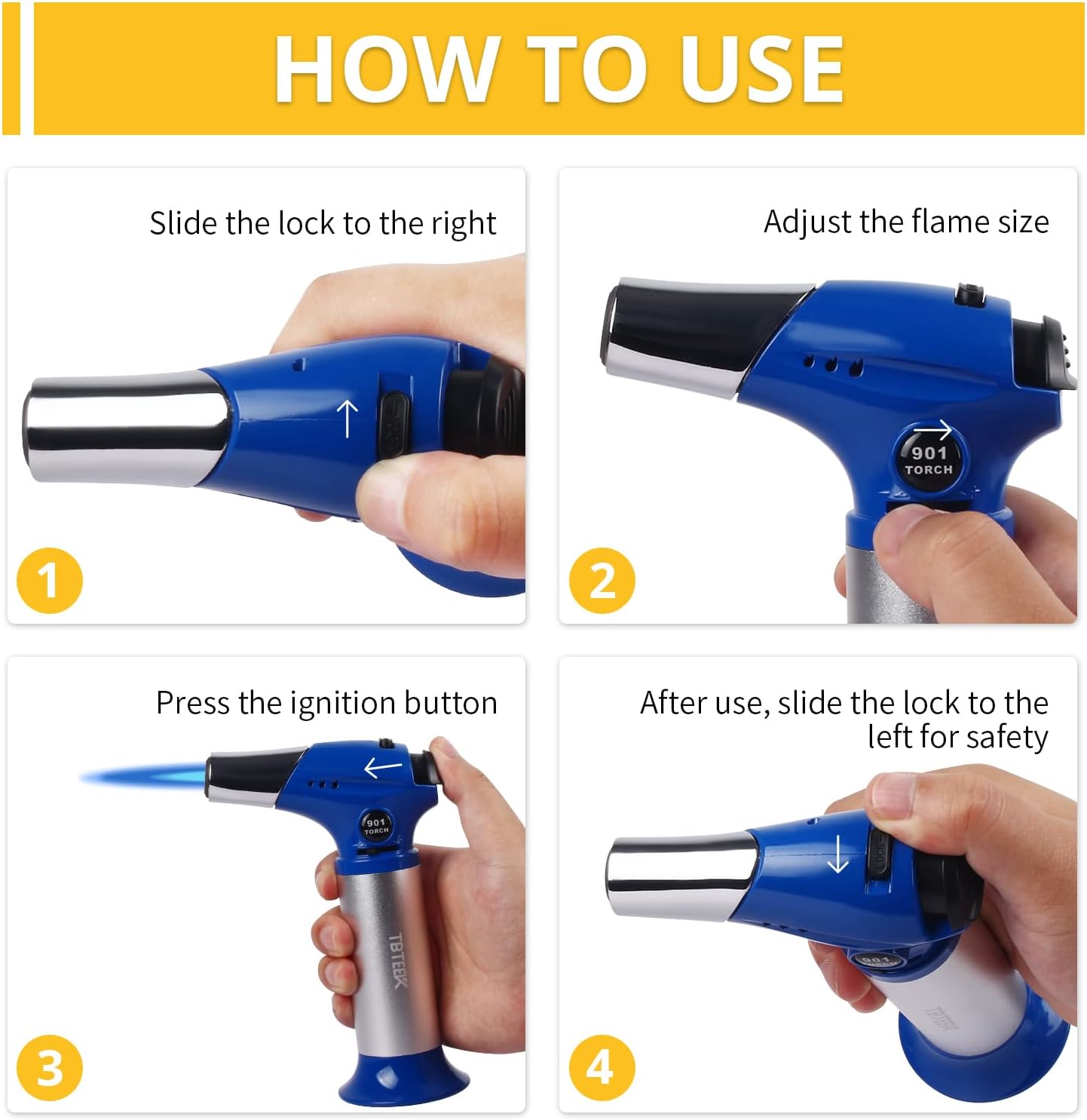 TBTEEK Butane Torch T901 - Adjustable Flame Kitchen Torch with Safety Lock | Ideal for Cooking, BBQ, Baking & DIY - Blue