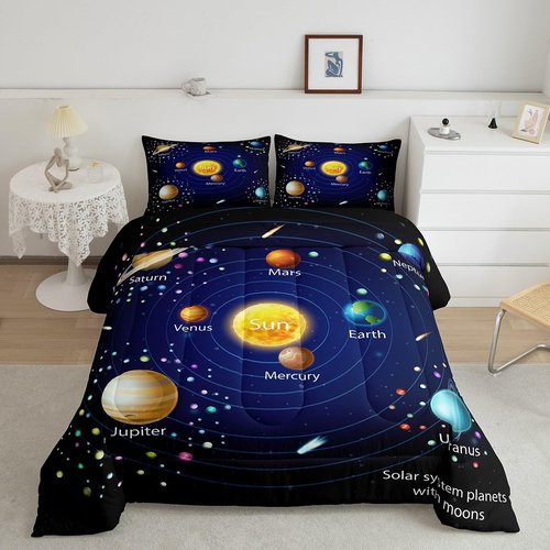 Erosebridal Kids Outer Space Comforter Set, Boys Starry Sky Galaxy Duvet Sets Full Size Planet Space Down Comforter for Girls Teens Adult Bedroom Decor, Solar System Cosmos Bedding Set, Blue Purple