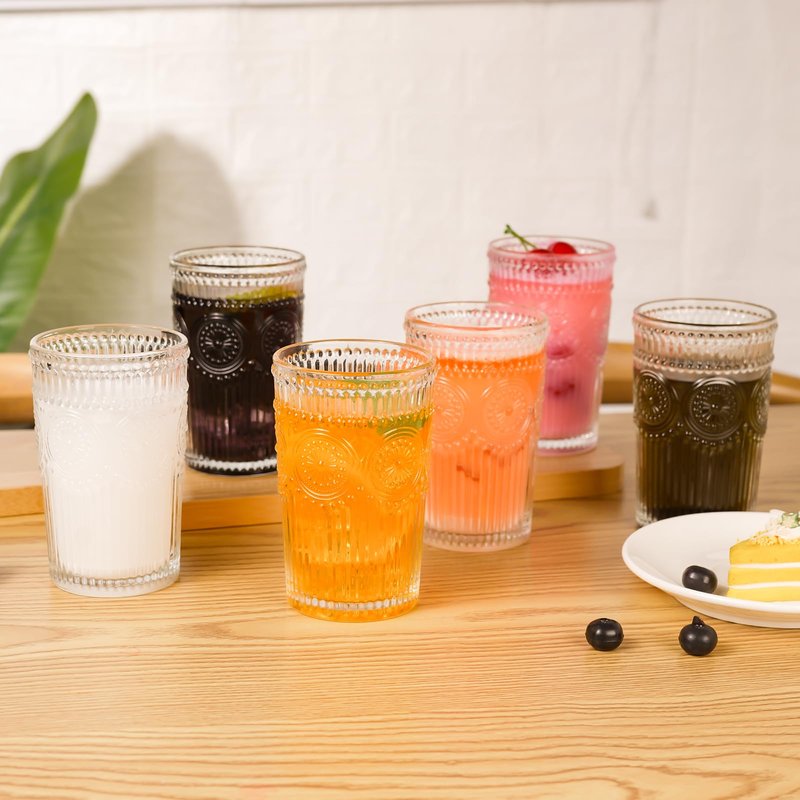 Vintage Glassware Romantic Drinking Glasses - 12 oz Cocktail Glasses Set of 6 Embossed Water Glasses Drinking Perfect Glass Cups for Coffee, Cocktails, and Beverages Dishwasher Safe Ideal Gifts