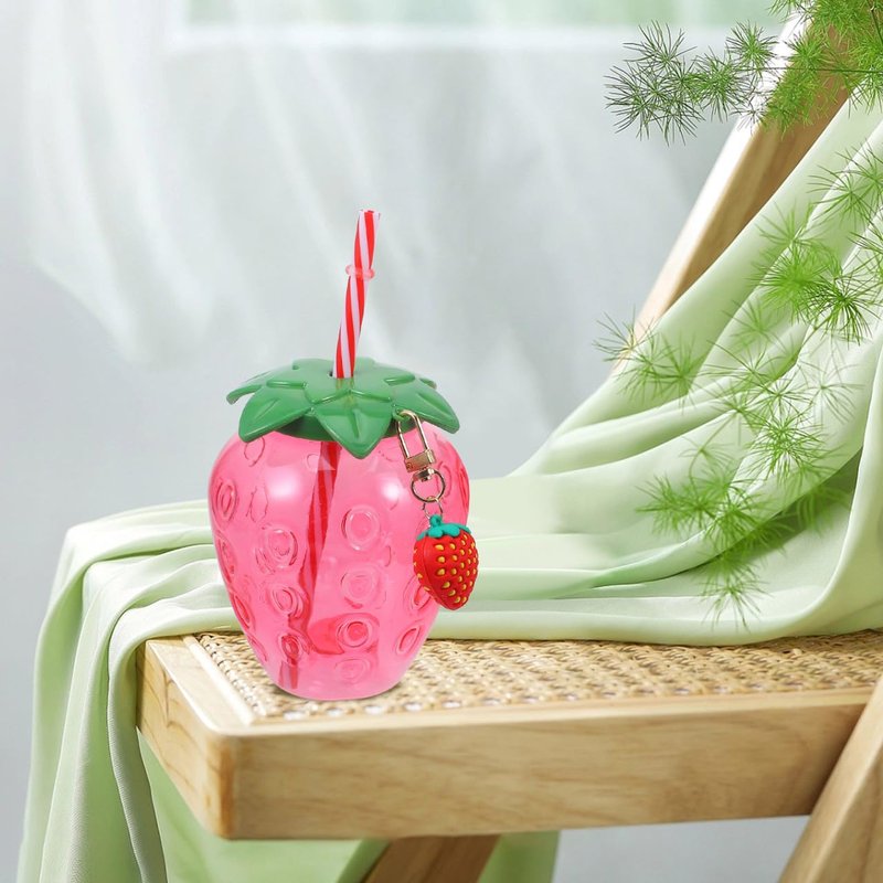 DOITOOL Strawberry Shaped Cups with Lids and Straws 16 Pcs Plastic Strawberry Drinking Tumblers for Girls Portable Milk Tea Cups for Parties and Everyday Use