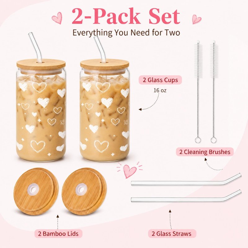 DAMCONME Glass Cups with Lids and Straws, 2 Pack Heart Glass Cups, 16 oz Borosilicate Iced Coffee Cups, Matching Drinkware for Best Friends, Couples, Birthday and Anniversary