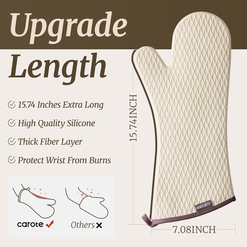 CAROTE Extra Long Oven Mitts - Heat Resistant Non-Slip Silicone Gloves for Baking & Grilling | 2-Piece Set, Beige