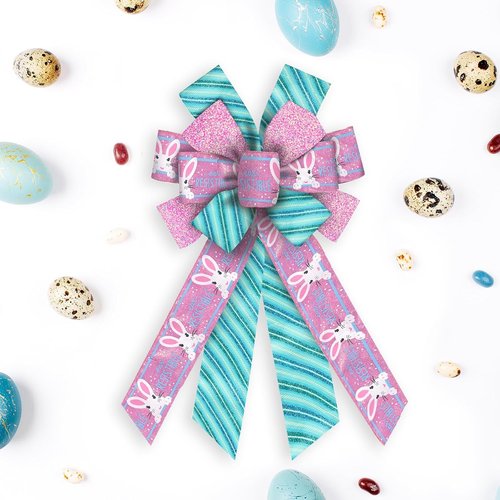 Hying Easter Bunny Wreath Bows - Glitter Pink & Blue Burlap | Large Holiday Decorations for Front Door